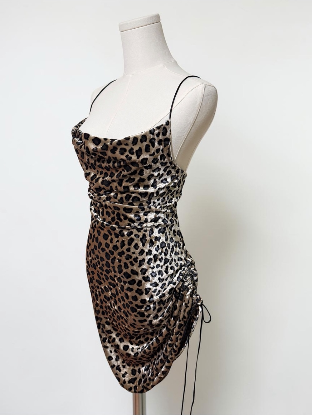 Leopard Print Velvet Cowl Neck Slip Dress - Beige/Black